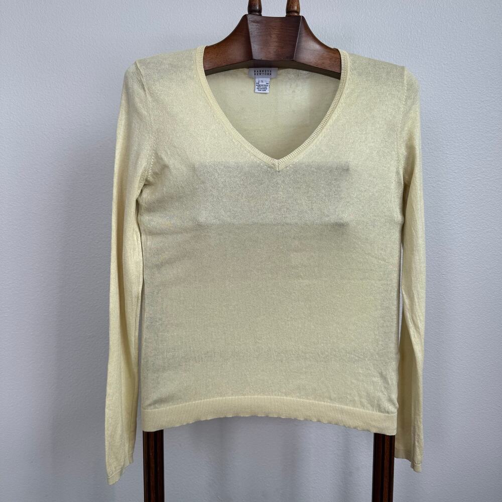 Barneys New York Silk Cashmere Sweater L Butter Yellow V Neck Lightweight Knit